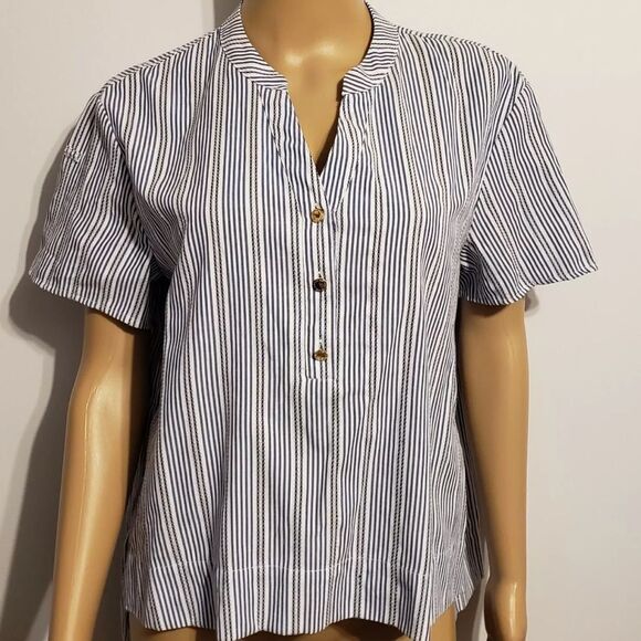 Marc New York Andrew Marc White & Blue Striped Gold Button Up Blouse Top - Picture 1 of 8
